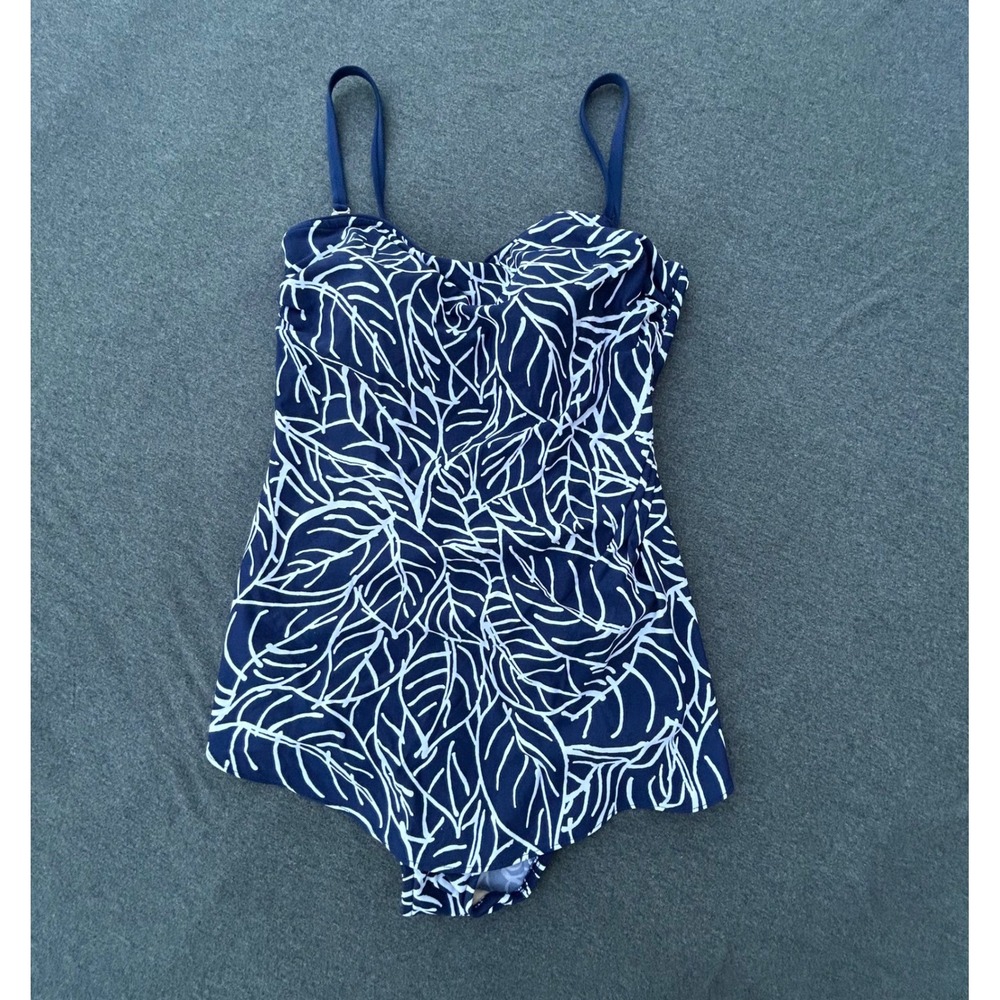 Orvis Womens Size 12 Flyaway One Piece‎ Swimsuit Navy White Leaf Print EUC